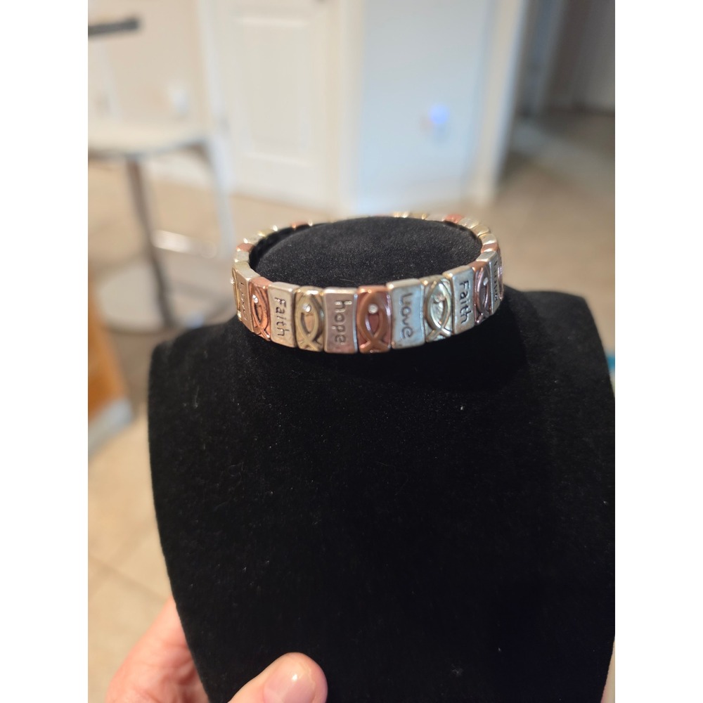 Faith Hope Love Ichthus Fish Stretch Bracelet Tri-Tone Rhinestone Religious Gift